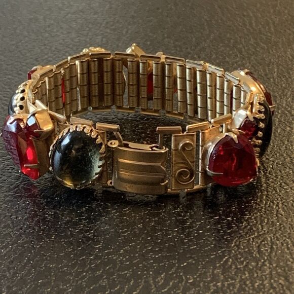 VTG Ruby Red & Smoky Gray Glass Cabochon Link Bracelet Gold Tone Art Deco Style - Picture 4 of 15